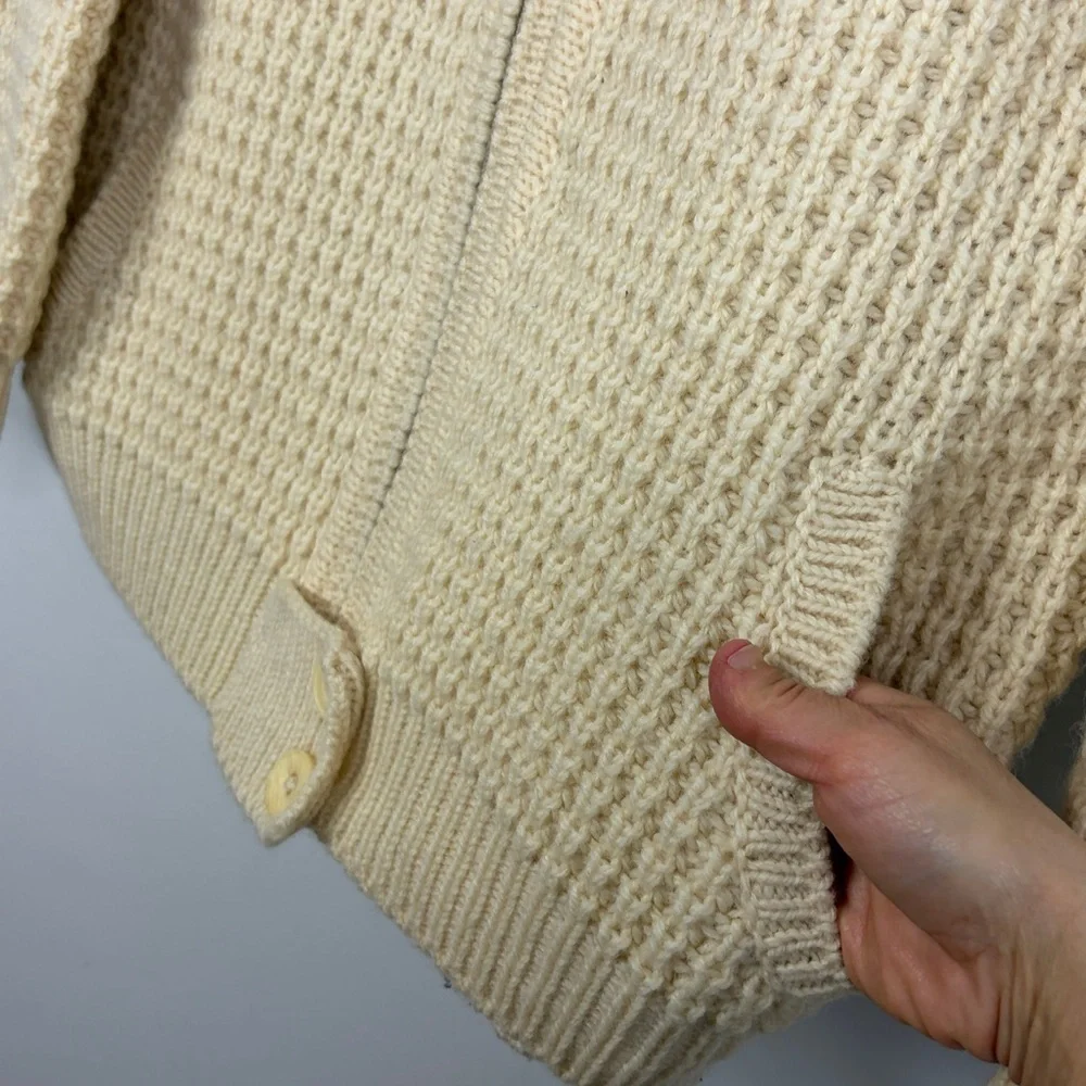 Vintage Irish Sweater Womens Large Cream Wool Chunky Knit Coatigan Cardigan - Picture 9 of 16